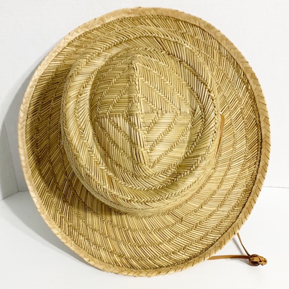 Far East All Natural Woven Sun Hat Boho Leather Chin Strap Wide Brim Sweatband - Picture 1 of 8